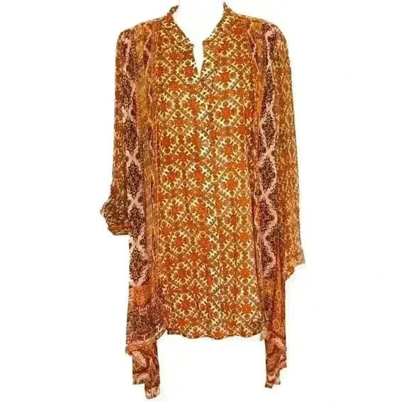 Soft Surroundings Paysan Medallion Boho Tunic Top sz L Roll-Tab Sleeve Orange - Picture 2 of 9